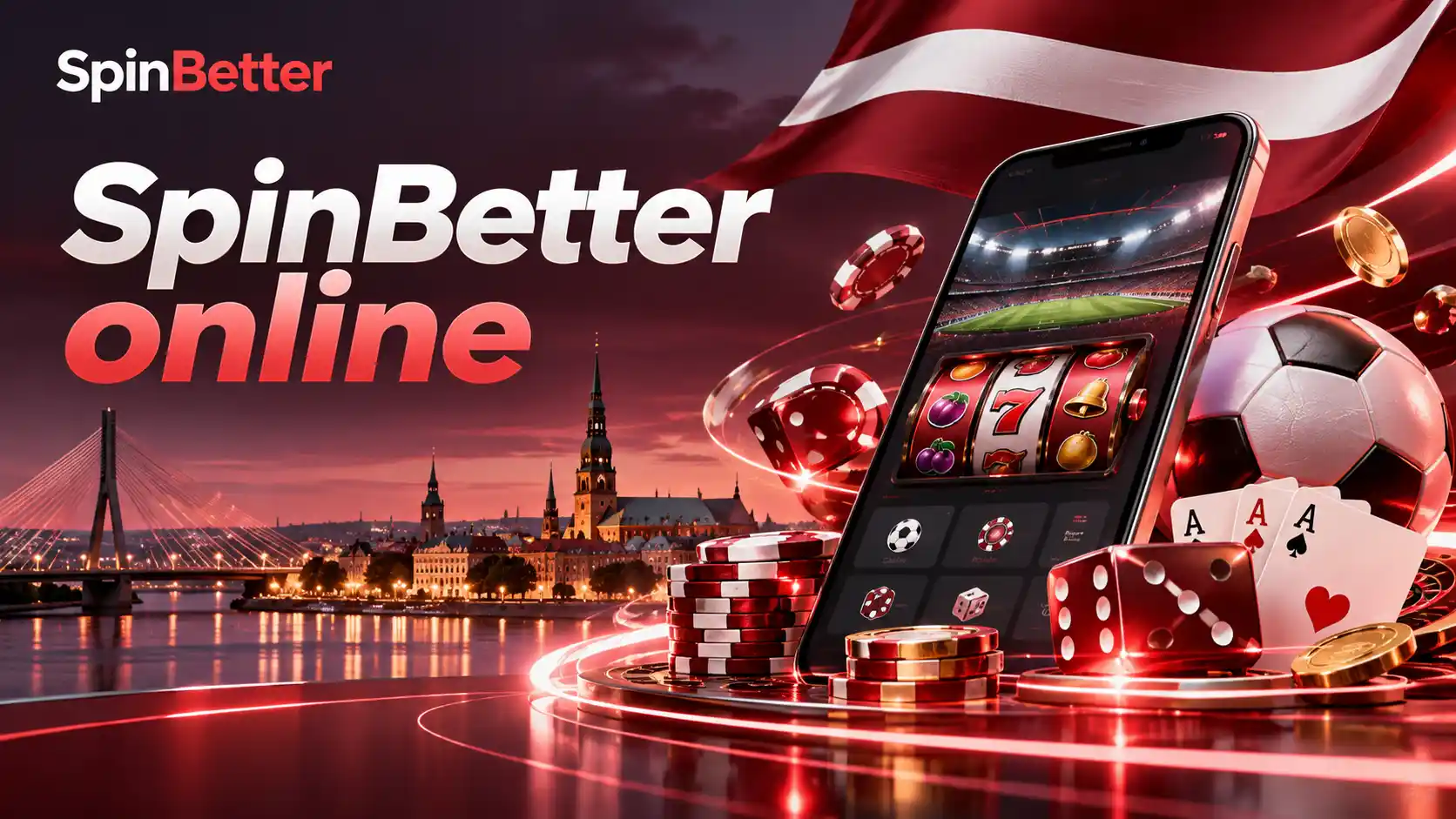 SpinBetter sākumlapas baneris ar ruleti, žetoniem un telefonu uz melna marmora